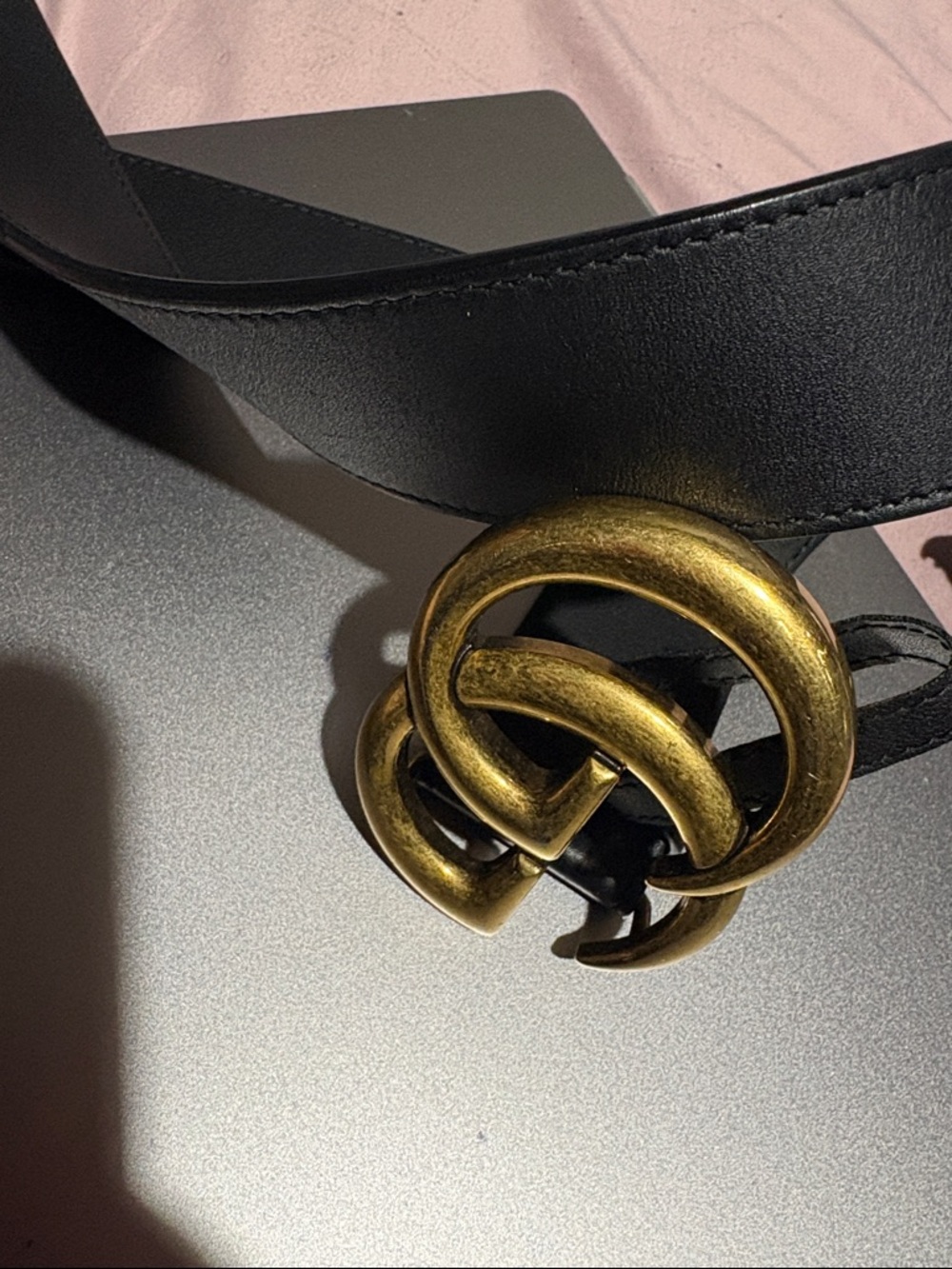 Gucci Black Leather Belt with Antiqued Gold Double G Buckle